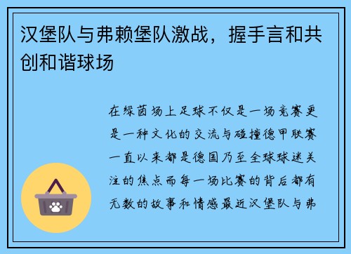 汉堡队与弗赖堡队激战，握手言和共创和谐球场