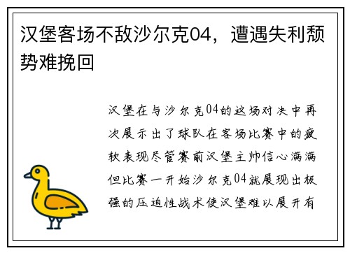 汉堡客场不敌沙尔克04，遭遇失利颓势难挽回