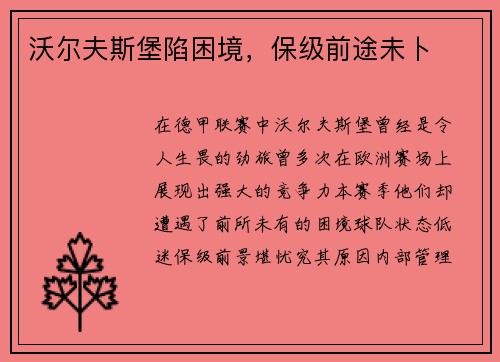沃尔夫斯堡陷困境，保级前途未卜
