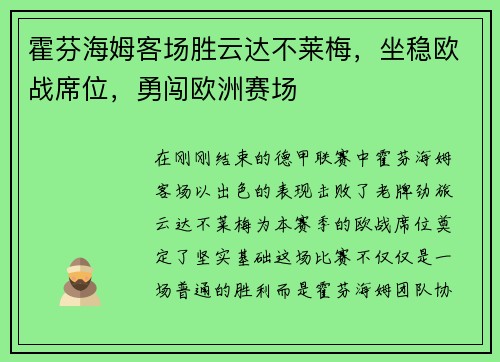 霍芬海姆客场胜云达不莱梅，坐稳欧战席位，勇闯欧洲赛场